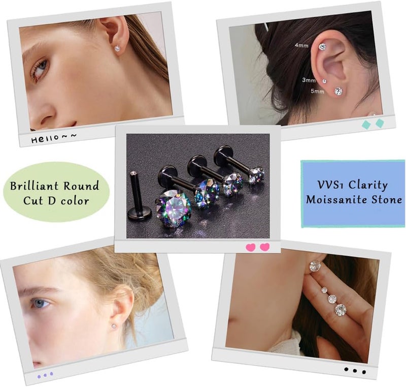 Kiethleasa Store 16G 18G Moissanite Earring D Color VVS1 Clarity, G23 Titanium Internal Thread Flat Back Earrings, Silver Black Piercing Jewelry for Tragus Helix Conch Cartilage, Hypoallergenic Nose Stud for Women Men 1PCS - Image 5